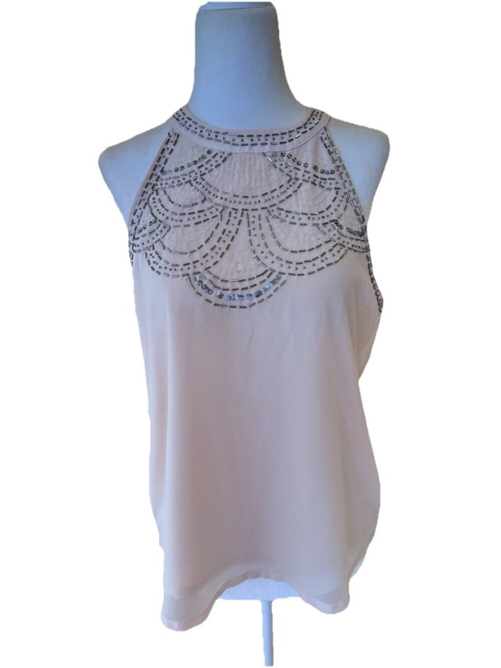 Paper Crane Med Cream Beaded Sleeveless Blouse Flowy Elegant